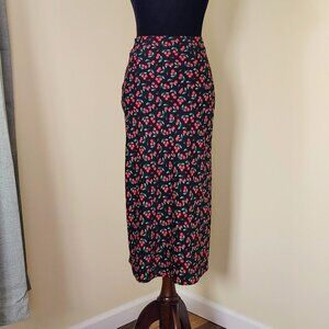 Black & Red Cherry Print Satin High Waisted Maxi Pencil Skirt - 24" Waist